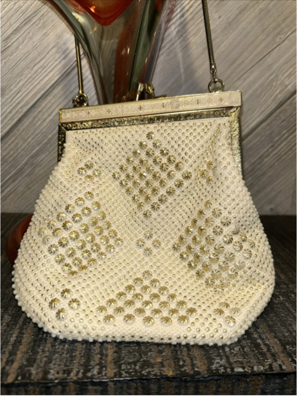 VTG Beaded White Evening Bag Purse Clutch Delicate Design On Metal Trim